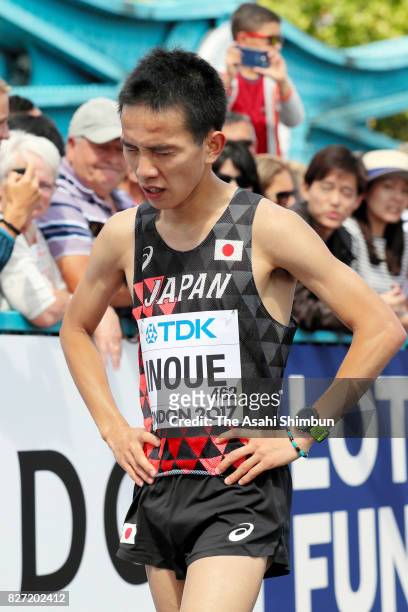 Hiroto Inoue of Japan reacts after competing in the Men's marathon during day three of the 16th IAAF World Athletics Championships London 2017 on...