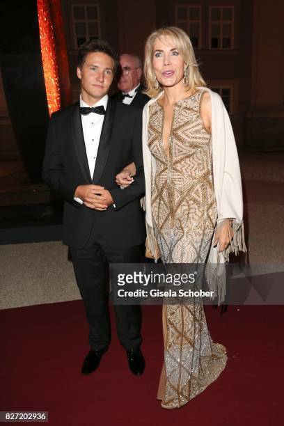 Princess Gabriele zu Leiningen and her son Prince Aly Muhammad Aga Khan during the 'Aida' premiere during the Salzburg Opera Festival 2017 on August...