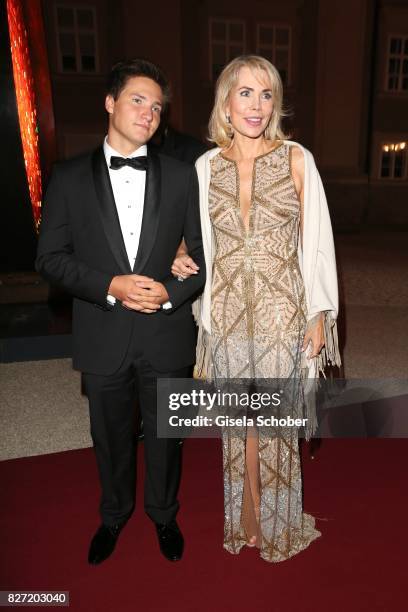 Princess Gabriele zu Leiningen and her son Prince Aly Muhammad Aga Khan during the 'Aida' premiere during the Salzburg Opera Festival 2017 on August...