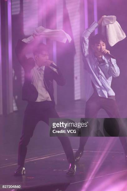 Eunhyuk and Lee Donghae of South Korean boy group Super Junior perform onstage during the E-Sports & Music Festival on August 4, 2017 in Hong Kong,...