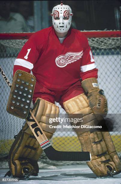 Canadian ice hockey player Jim Rutherford, goalkeeper for the Detroit Red Wings, gurads the net during a game, 1970s.