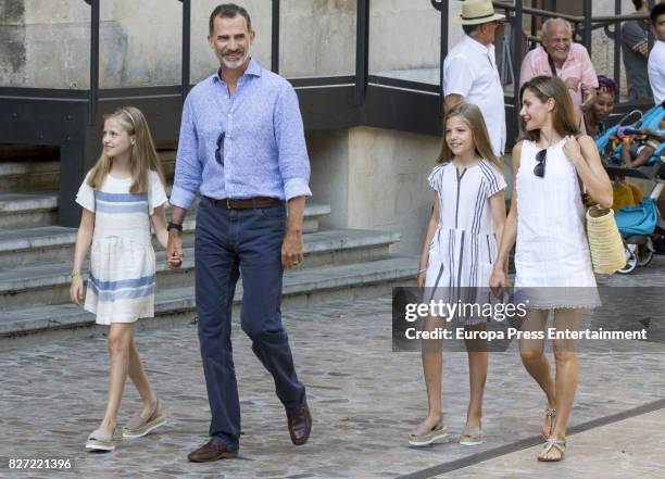 King Felipe VI of Spain, Queen Letizia of Spain and their daughters Princess Leonor of Spain and Princess Sofia of Spain visit the Can Prunera Museum...