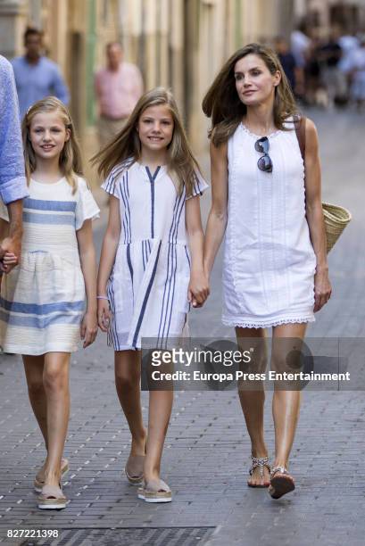 Queen Letizia of Spain and their daughters Princess Leonor of Spain and Princess Sofia of Spain visit the Can Prunera Museum on August 6, 2017 in...