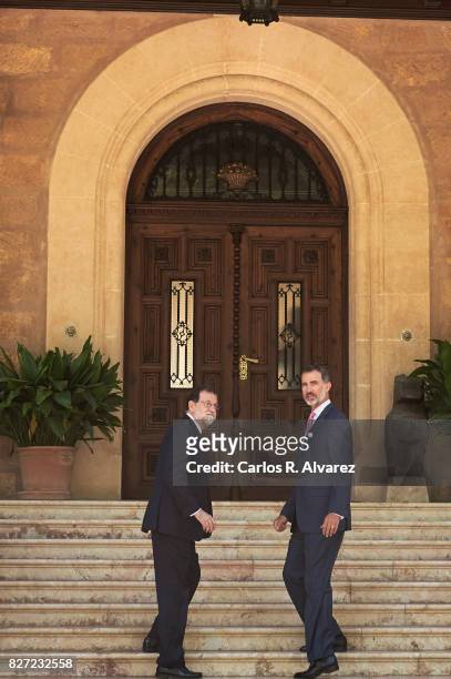 King Felipe VI of Spain receives Prime Minister Mariano Rajoy at the Marivent Palace on August 7, 2017 in Palma de Mallorca, Spain.