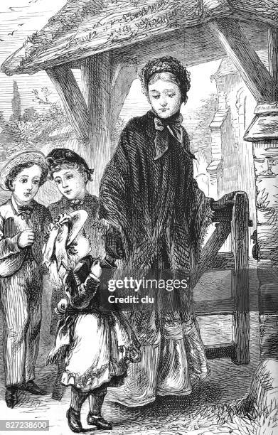 mother and kids entering a gate - 1876 stock illustrations