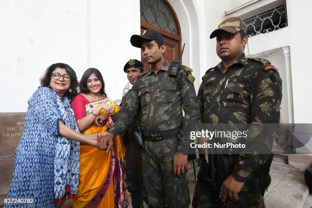 Indian Political Party Trinamool Congress MLA and Actress Debashree Roy along Vaishali Dalmiya MLA and Dughter of Late Jagmohan Dalmiya tying a Rakhi...