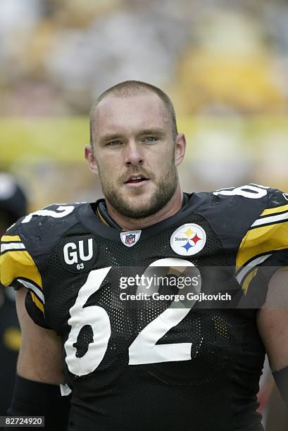 Center Justin Hartwig of the Pittsburgh Steelers looks on from the sideline during a game against the Houston Texans at Heinz Field on September 7,...