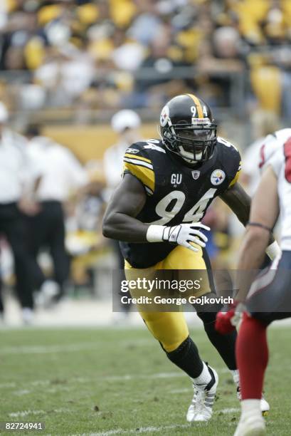 Linebacker Lawrence Timmons of the Pittsburgh Steelers pursues the play during a game against the Houston Texans at Heinz Field on September 7, 2008...