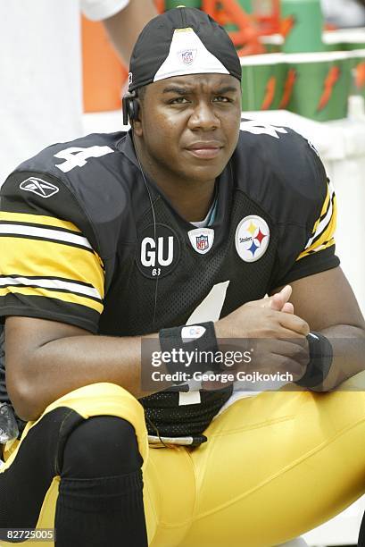 Quarterback Byron Leftwich of the Pittsburgh Steelers looks on from the sideline during a game against the Houston Texans at Heinz Field on September...