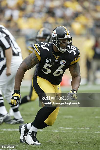 Linebacker LaMarr Woodley of the Pittsburgh Steelers pursues the play during a game against the Houston Texans at Heinz Field on September 7, 2008 in...