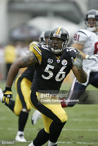 Linebacker LaMarr Woodley of the Pittsburgh Steelers pursues the play during a game against the Houston Texans at Heinz Field on September 7, 2008 in...