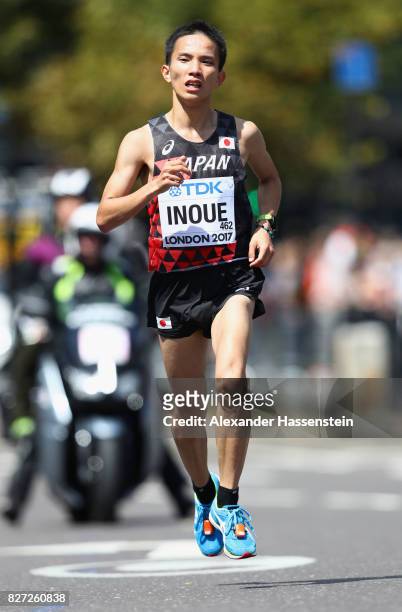 Hiroto Inoue of Japan competes in the Men's Marathon during day three of the 16th IAAF World Athletics Championships London 2017 at The London...