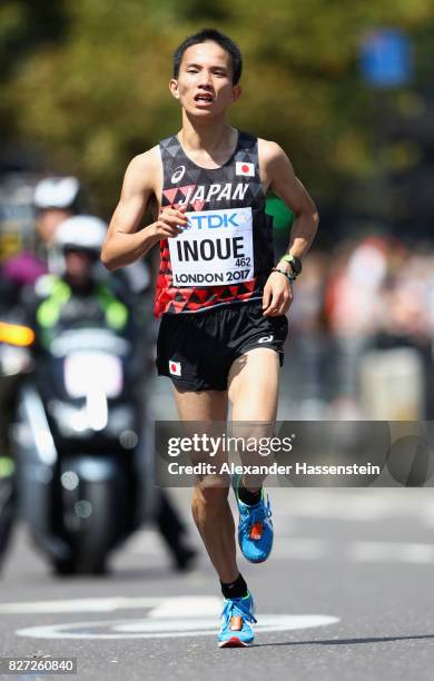 Hiroto Inoue of Japan competes in the Men's Marathon during day three of the 16th IAAF World Athletics Championships London 2017 at The London...