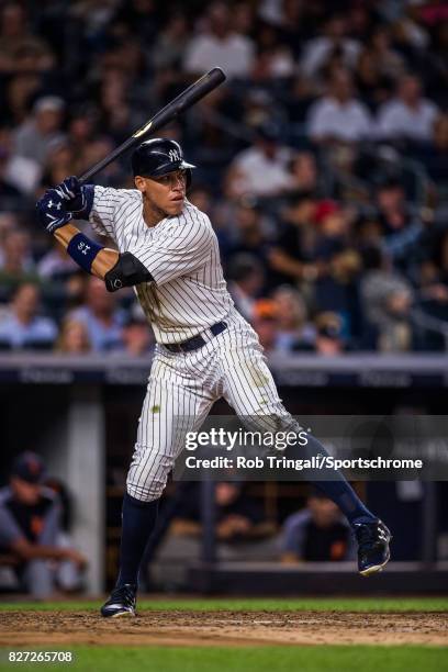 Aaron Judge of the New York Yankees bats during the game against the Detroit Tigers at Yankee Stadium on July 31, 2017 in the Bronx borough of New...