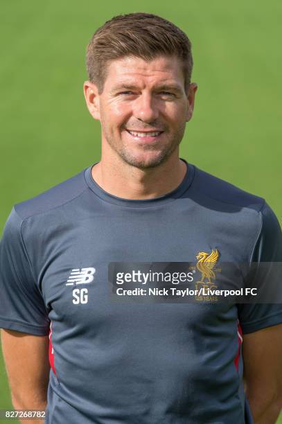 Steven Gerrard of Liverpool poses at The Kirkby Academy on August 7, 2017 in Kirkby, England.