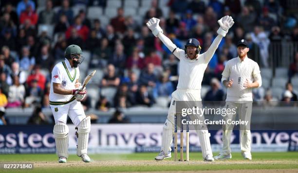 England wicketkeeper Jonathan Bairstow successfully appeals for the wicket of Hashim Amla of South Africa during day four of the 4th Investec Test...