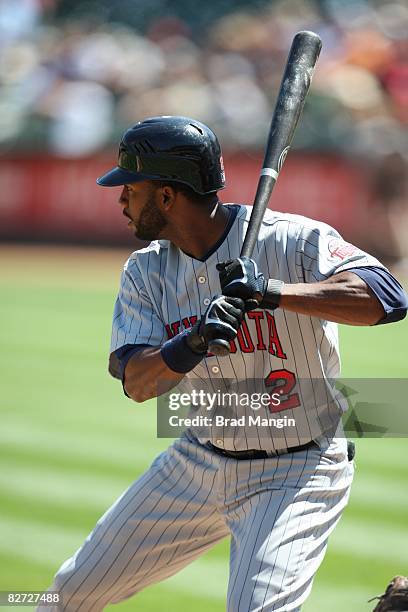 Denard Span of the Minnesota Twins bats during the game against the Oakland Athletics at the McAfee Coliseum in Oakland, California on August 31,...