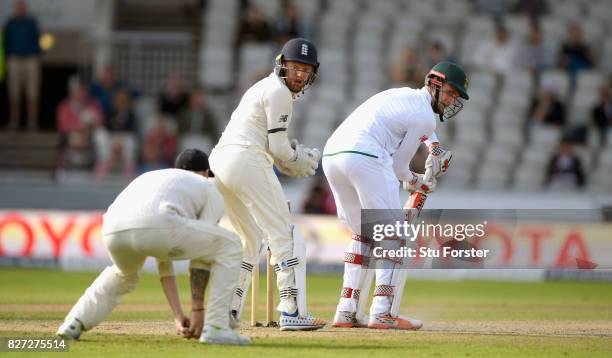 South Africa batsman Theunis de Bruyn is caught by Ben Stokes at slip as Jonny Bairstow looks on during day four of the 4th Investec Test match...