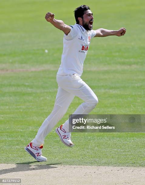 Mohammad Amir of Essex celebrates during the Specsavers County Championship - Division One between Yorkshire and Essex at North Marine Road on August...