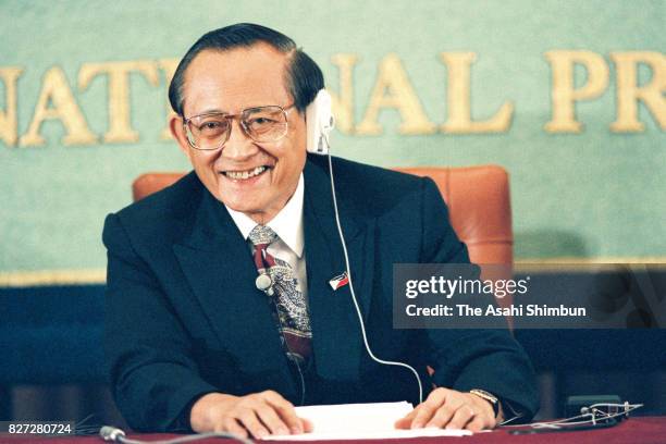 Philippines President Fidel Ramos speaks during a press conference at the National Press Club on March 12, 1993 in Tokyo, Japan.