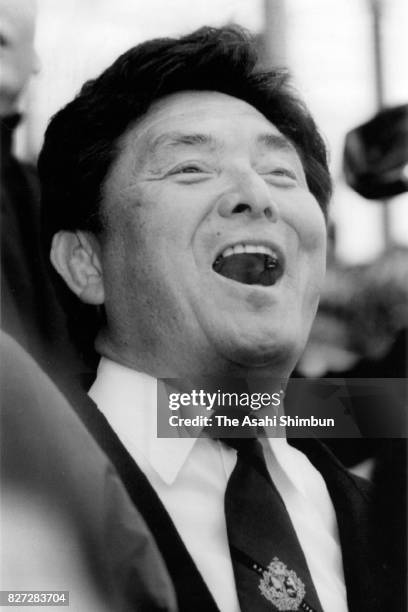 Head coach Yoshiharu Yamaguchi of Fushimi Kogyo celebrates his side's victory at the 72nd All Japan High School Ruby Championship final match between...