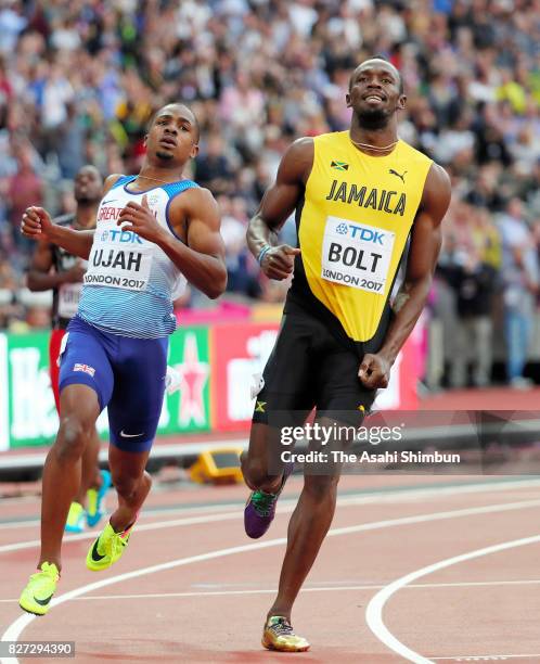 Usain Bolt of Jamaica reacts after competing in the Men's 100m semi final during day two of the 16th IAAF World Athletics Championships London 2017...