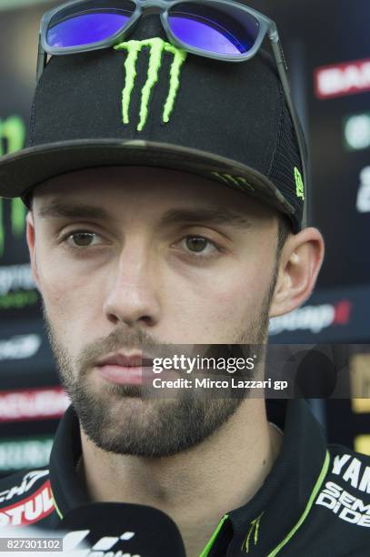 Jonas Folger of Germany and Monster Yamaha Tech 3 speaks with journalists at the end of the testing day during the MotoGp Tests In Brno at Brno...