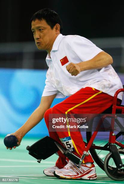 Wang Yi of China competes during the bronze medal match of the BC1 Boccia against Gabriel Shelley of Ireland at the Fencing Hall of National...