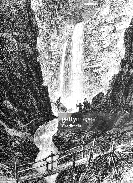 the sound of nature: waterfall and people admiring it - 1876 stock illustrations