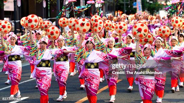 Participants dance during the Yamagata Hanagasa Dance Festival on August 5, 2017 in Yamagata, Japan.