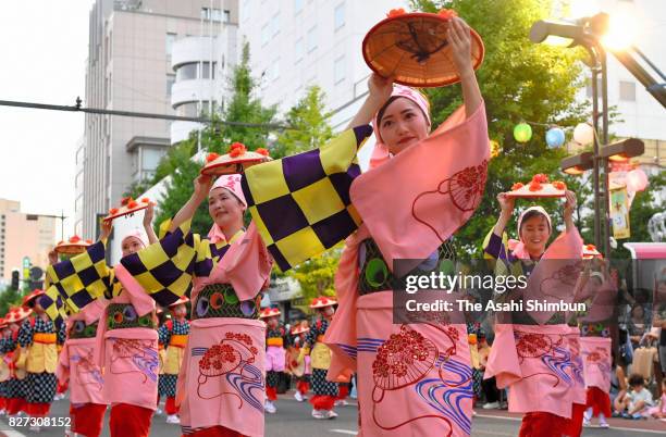Participants dance during the Yamagata Hanagasa Dance Festival on August 5, 2017 in Yamagata, Japan.