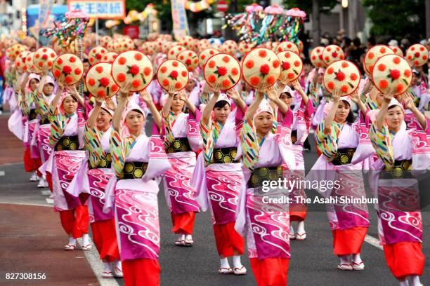 Participants dance during the Yamagata Hanagasa Dance Festival on August 5, 2017 in Yamagata, Japan.
