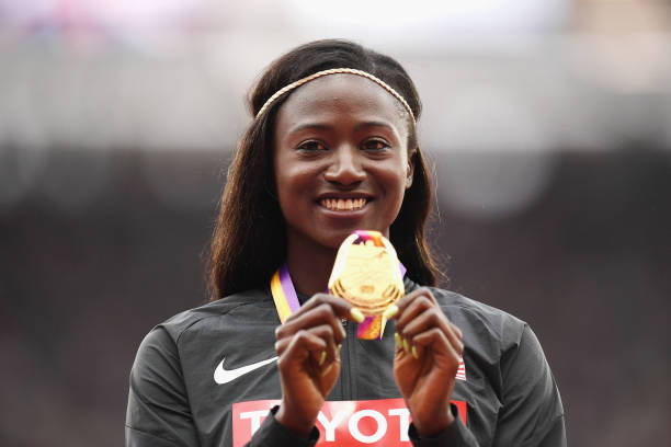 Tori Bowie of the United States poses with the gold mdeal for the Women's 100 metres during day four of the 16th IAAF World Athletics Championships...