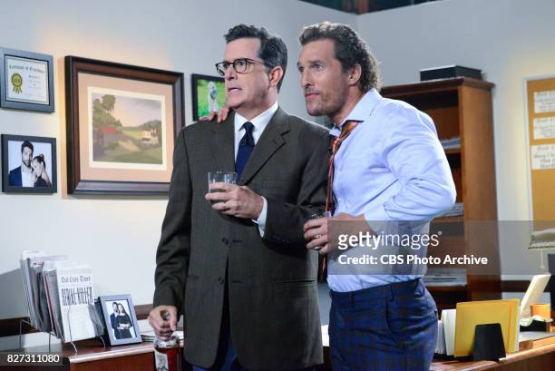 The Late Show with Stephen Colbert and guest Matthew McConaughey during Monday's July 31, 2017 show.