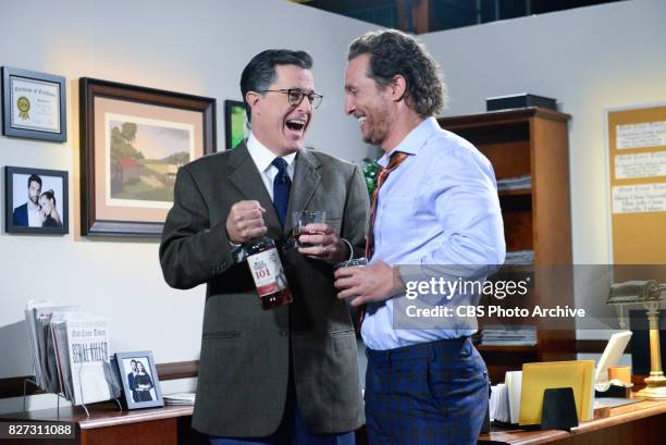 The Late Show with Stephen Colbert and guest Matthew McConaughey during Monday's July 31, 2017 show.