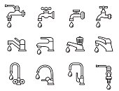vector icon-illustration of the faucet with water drop. Tap sign. Bathroom symbol. Line Style stock vector.