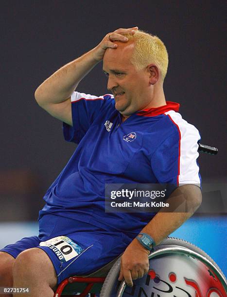 Nigel Murray of Great Britain reacts after a shot as competes in the gold medal Mixed Individual BC2 Boccia match against Hoi Ying Karen Kwok of Hong...