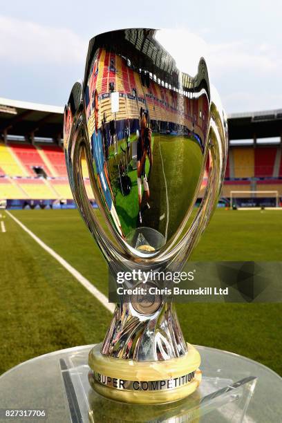 The trophy on display ahead of the UEFA Super Cup at the National Arena Filip II Macedonian on August 7, 2017 in Skopje, Macedonia.