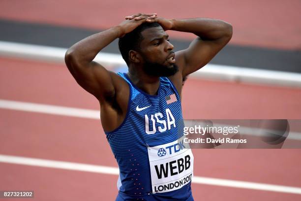 Ameer Webb of the United States reacts after competing in the Men's 200 metres heats during day four of the 16th IAAF World Athletics Championships...