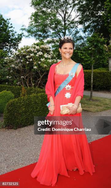 Crown Princess Victoria of Sweden arrives to attend the wedding between Prince Joachim of Denmark and Marie Cavallier on May 24, 2008 at the...