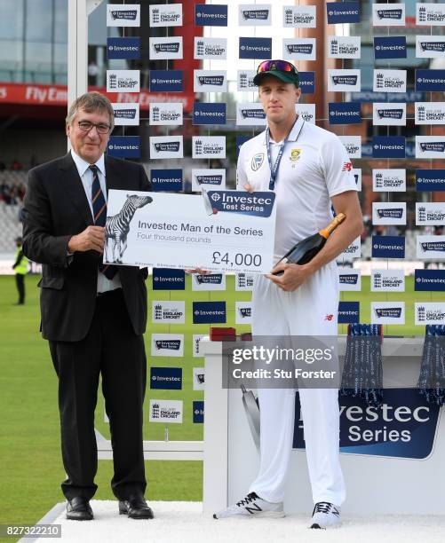 Morne Morkel of South Africa with his Man of the Series award after day four of the 4th Investec Test match between England and South Africa at Old...