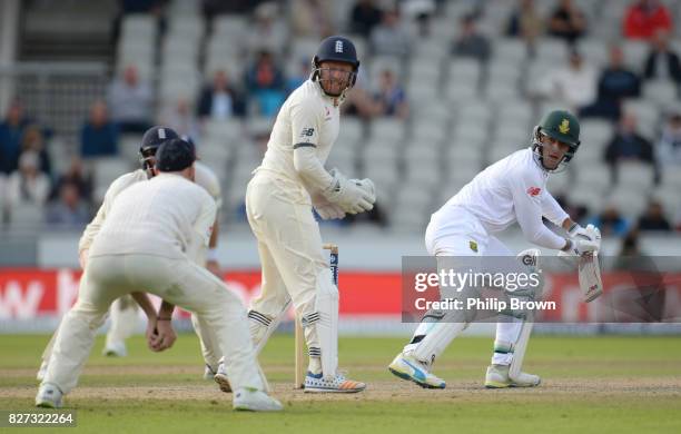 Duanne Olivier of South Africa is caught by Ben Stokes of England as England won the 4th Investec Test match between England and South Africa at Old...