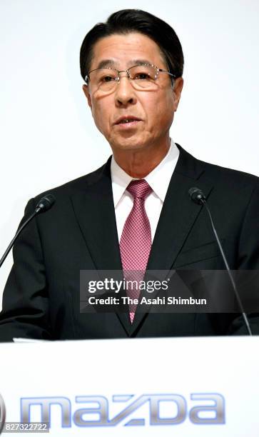 Mazda Motor Co. President and CEO Masamichi Kogai speaks during a joint press conference on August 4, 2017 in Tokyo, Japan. Toyota and Mazda...