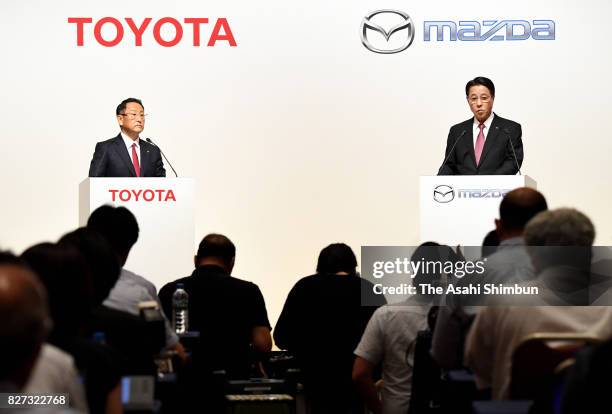 Toyota Motor Co. President Akio Toyoda and Mazda Motor Co. President and CEO Masamichi Kogai attend at a joint press conference on August 4, 2017 in...