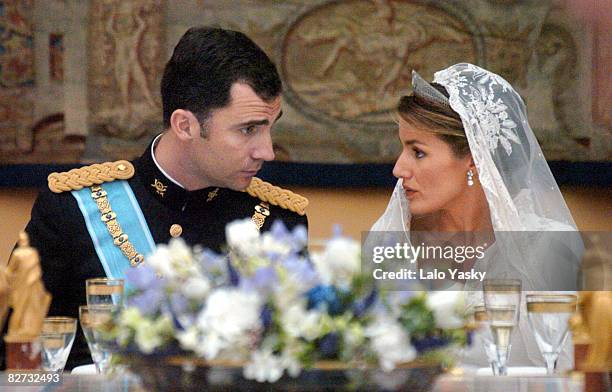 Crown Prince Felipe and Letizia Ortiz during the wedding banquet at the Royal Palace