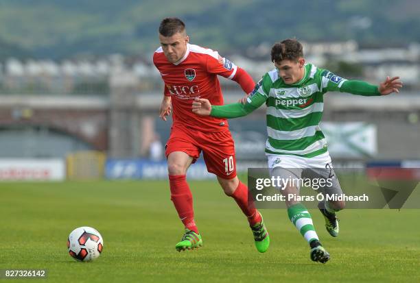 Dublin , Ireland - 7 August 2017; Steven Beattie of Cork City in action against Trevor Clarke of Shamrock Rovers during the EA Sports Cup semi-final...