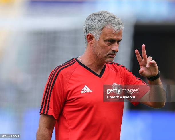 Coach Jose Mourinho of Manchester United leads the last training ahead of the UEFA Super Cup Final match between Manchester United and Real Madrid at...