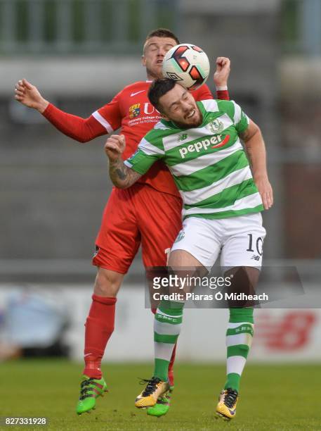 Dublin , Ireland - 7 August 2017; Brandon Miele of Shamrock Rovers in action against Steven Beattie of Cork City during the EA Sports Cup semi-final...