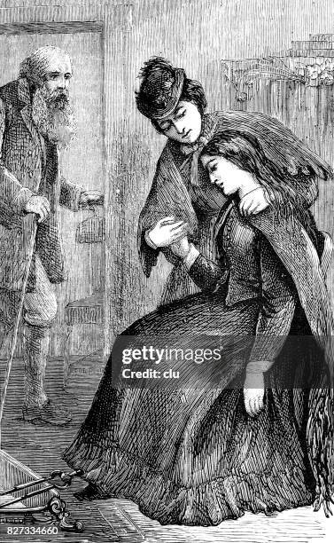 mother embracing daughter, talking to her - 1876 stock illustrations