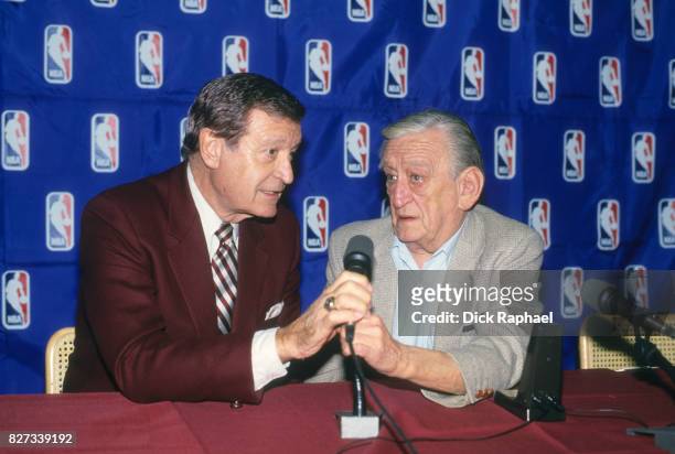 Finals: TV analysts Chick Hearn and Johnny Most at press conference at Boston Garden. Boston, MA CREDIT: Dick Raphael